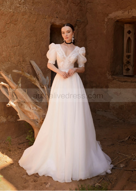 Short Sleeves Ivory Lace Chiffon Boho Beach Wedding Dress